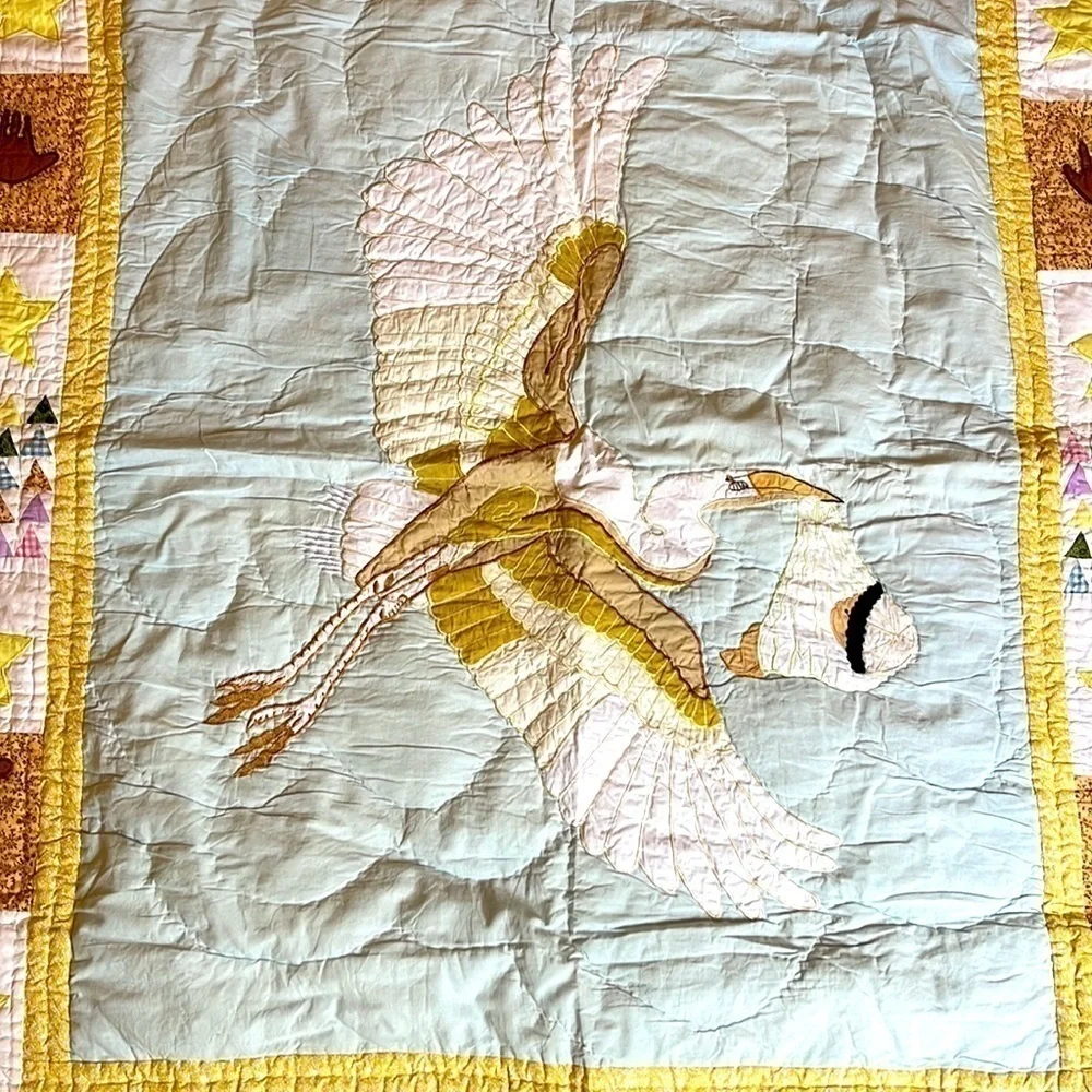 Stork Carrying New Born Baby Quilt. 42 x 48. P/A1490